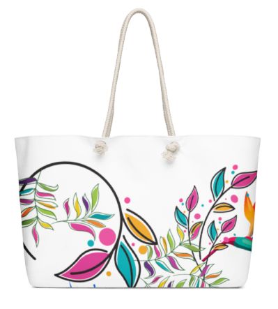Botanical Swirl Two Sided Weekender Tote Bag — Bold Colorful Botanical Art Weekender Bag for Women, Fresh Floral Swirl Beach Tote, Wearable Art Bag on White