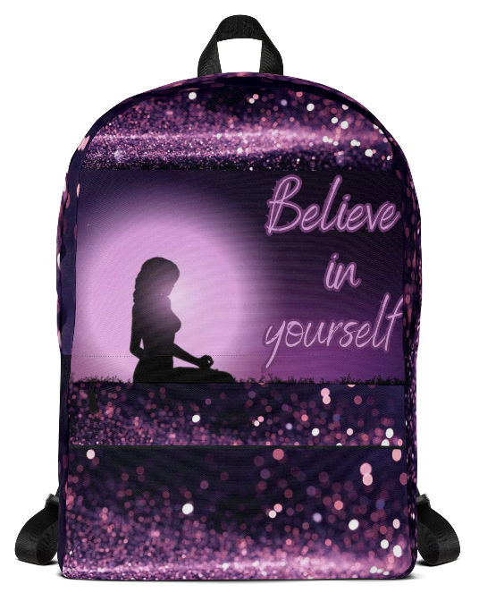 Believe In Yourself Purple Galaxy Backpack — Bold Glowing Moon Meditation Silhouette Art Bag for Women Who Are Ready to Trust Themselves Completely