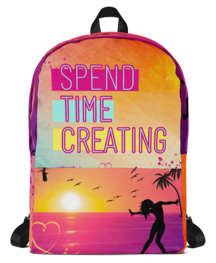 Spend Time Creating Golden Hour Backpack — Bold Sunset Silhouette Art Bag in Orange Pink and Teal for Women Who Create Live Freely and Never Stop Chasing the Light