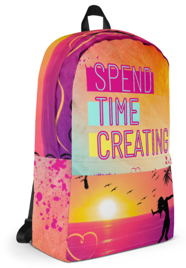 Spend Time Creating Golden Hour Backpack — Bold Sunset Silhouette Art Bag in Orange Pink and Teal for Women Who Create Live Freely and Never Stop Chasing the Light