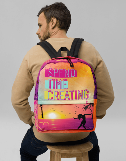 Spend Time Creating Golden Hour Backpack — Bold Sunset Silhouette Art Bag in Orange Pink and Teal for Women Who Create Live Freely and Never Stop Chasing the Light