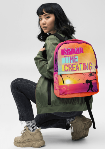 Spend Time Creating Golden Hour Backpack — Bold Sunset Silhouette Art Bag in Orange Pink and Teal for Women Who Create Live Freely and Never Stop Chasing the Light
