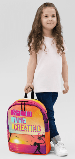 Spend Time Creating Golden Hour Backpack — Bold Sunset Silhouette Art Bag in Orange Pink and Teal for Women Who Create Live Freely and Never Stop Chasing the Light