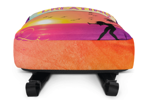 Spend Time Creating Golden Hour Backpack — Bold Sunset Silhouette Art Bag in Orange Pink and Teal for Women Who Create Live Freely and Never Stop Chasing the Light