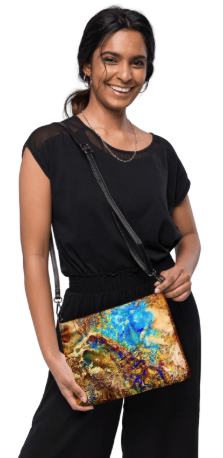 From Space She is Beautiful Crossbody Wristlet Clutch Bag — Bold Earth and Sky Abstract Art Bag in Rust Bronze Gold and Electric Blue for Women Who Are Extraordinary From Every Angle and Every Distance