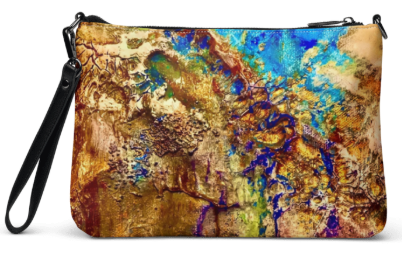 From Space She is Beautiful Crossbody Wristlet Clutch Bag — Bold Earth and Sky Abstract Art Bag in Rust Bronze Gold and Electric Blue for Women Who Are Extraordinary From Every Angle and Every Distance