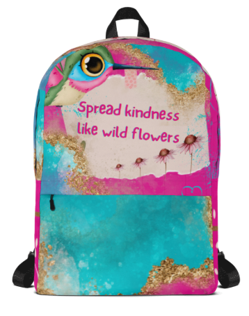 Spread Kindness Like Wild Flowers All Over Print Backpack - Wearable Art Backpack for Women - Bold Teal and Pink Kindness Quote Backpack
