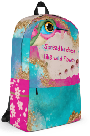 Spread Kindness Like Wild Flowers All Over Print Backpack - Wearable Art Backpack for Women - Bold Teal and Pink Kindness Quote Backpack