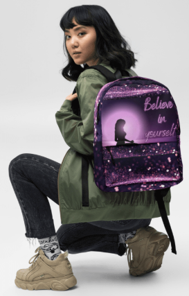 Believe In Yourself Purple Galaxy Backpack — Bold Glowing Moon Meditation Silhouette Art Bag for Women Who Are Ready to Trust Themselves Completely