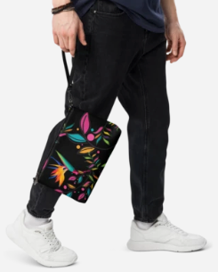 Bird of Paradise Botanical Garden Wristlet — Bold Tropical Botanical Art Wristlet for Women, Neon Floral on Black Clutch Bag, Wearable Art Wristlet Purse