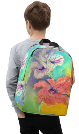 Hibiscus Dreams Minimalist Backpack — Bold Tropical Hibiscus Watercolor Art Backpack for Women, Soft Rainbow Hibiscus Painting Backpack, Wearable Art Bag