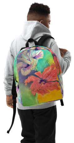 Hibiscus Dreams Minimalist Backpack — Bold Tropical Hibiscus Watercolor Art Backpack for Women, Soft Rainbow Hibiscus Painting Backpack, Wearable Art Bag