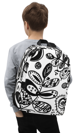 Black Ink Botanical Minimalist Backpack — Original Black and White Botanical Art Backpack by Debbie Kingsley, Bold Graphic Ink Drawing Backpack, Wearable Art Bag for Women