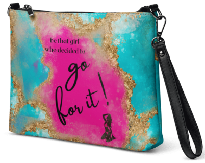 Go For It Girl Wristlet - Wearable Art Wristlet for Women - Bold Teal Pink and Gold Empowerment Print Wristlet Bag