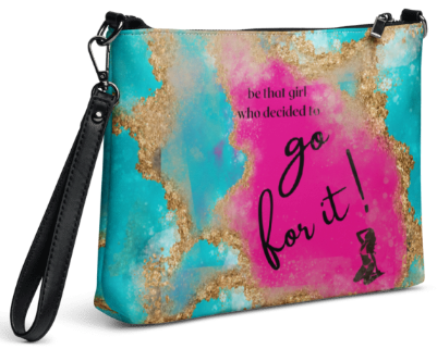 Go For It Girl Wristlet - Wearable Art Wristlet for Women - Bold Teal Pink and Gold Empowerment Print Wristlet Bag