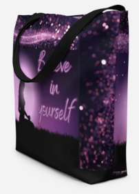 Believe in Yourself Beach Tote Bag - Wearable Art Tote Bag for Women - Bold Purple Galaxy Meditation Silhouette Tote Bag