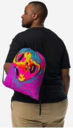Copyrighted EXOTIKA Horizontal Drawstring Bag, Bold Wearable Art Bag for Women, Vibrant Face Art Backpack, Empowerment Gift for Her, Confident Woman Bag