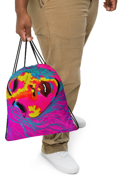 Copyrighted EXOTIKA Horizontal Drawstring Bag, Bold Wearable Art Bag for Women, Vibrant Face Art Backpack, Empowerment Gift for Her, Confident Woman Bag