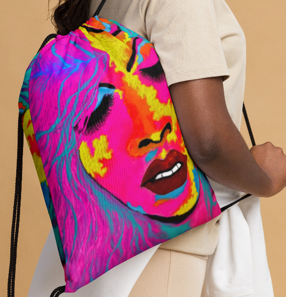 EXOTIKA Vertical Drawstring Bag  Bold Vibrant All Over Print Art Bag Featuring a Woman's Face in Hot Pink Gold Teal and Orange for Women Who Demand to Be Seen