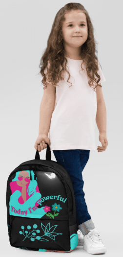 She Who Is Powerful All Over Print Backpack - Wearable Art Backpack for Women - Bold Black Teal and Pink Empowerment Backpack