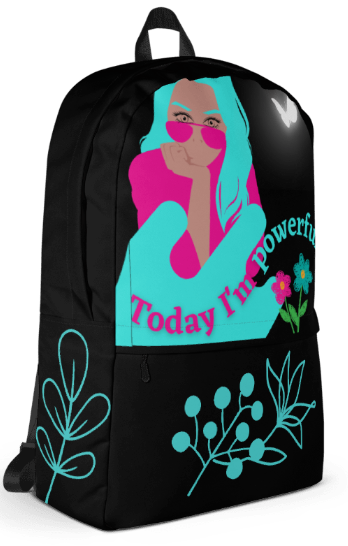 She Who Is Powerful All Over Print Backpack - Wearable Art Backpack for Women - Bold Black Teal and Pink Empowerment Backpack