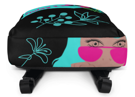 She Who Is Powerful All Over Print Backpack - Wearable Art Backpack for Women - Bold Black Teal and Pink Empowerment Backpack