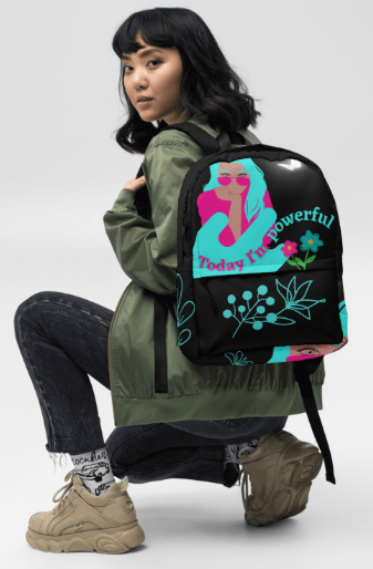 She Who Is Powerful All Over Print Backpack - Wearable Art Backpack for Women - Bold Black Teal and Pink Empowerment Backpack