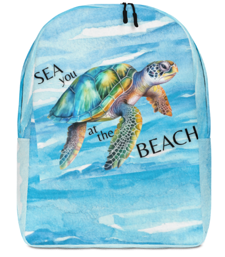 Sea You at the Beach Minimalist Backpack - Wearable Art Backpack for Women - Bold Blue Sea Turtle Ocean Print Backpack