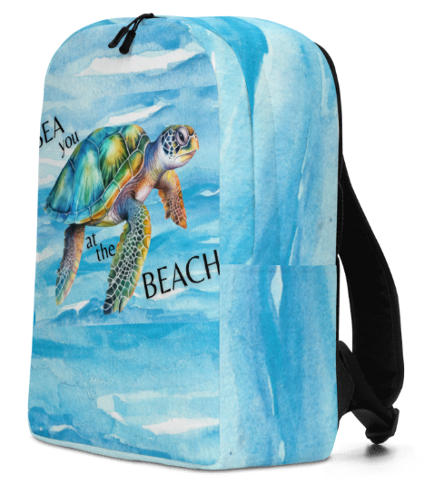 Sea You at the Beach Minimalist Backpack - Wearable Art Backpack for Women - Bold Blue Sea Turtle Ocean Print Backpack