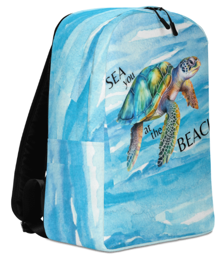 Sea You at the Beach Minimalist Backpack - Wearable Art Backpack for Women - Bold Blue Sea Turtle Ocean Print Backpack