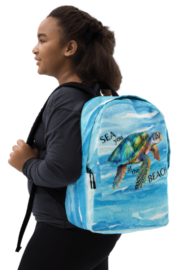 Sea You at the Beach Minimalist Backpack - Wearable Art Backpack for Women - Bold Blue Sea Turtle Ocean Print Backpack