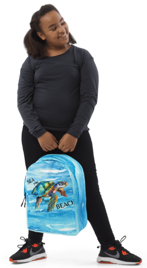 Sea You at the Beach Minimalist Backpack - Wearable Art Backpack for Women - Bold Blue Sea Turtle Ocean Print Backpack