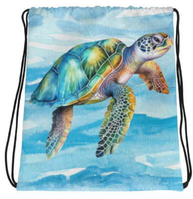 Unhurried and Free to Glide Drawstring Bag - Wearable Art Bag for Women - Bold Watercolor Sea Turtle Ocean Print Drawstring Bag