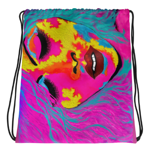 Copyrighted EXOTIKA Horizontal Drawstring Bag, Bold Wearable Art Bag for Women, Vibrant Face Art Backpack, Empowerment Gift for Her, Confident Woman Bag