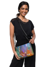 Dragonfly Forest Crossbody Shoulder/Wristlet Clutch Bag — Bold Magical Crystal and Dragonfly Art Bag in Rainbow Teal Purple and Gold for Women Who Are Drawn to Beauty Magic and the Light Within