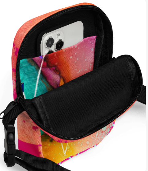 Create and Enjoy the Golden Hour Shoulder Bag - Wearable Art Crossbody Bag for Women - Bold Two Sided Fluid Art and Sunset Print Utility Bag