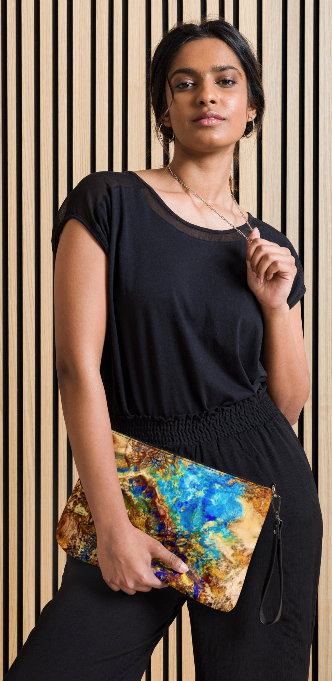 From Space She is Beautiful Crossbody Wristlet Clutch Bag — Bold Earth and Sky Abstract Art Bag in Rust Bronze Gold and Electric Blue for Women Who Are Extraordinary From Every Angle and Every Distance
