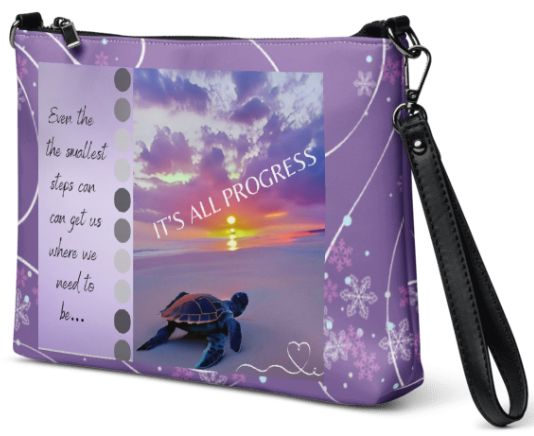 It's All Progress Wristlet - Wearable Art Wristlet for Women - Bold Purple Sunset Sea Turtle Inspirational Print Wristlet Bag