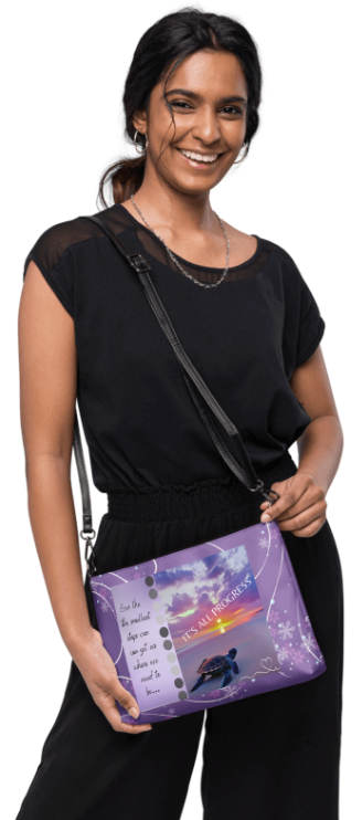 It's All Progress Wristlet - Wearable Art Wristlet for Women - Bold Purple Sunset Sea Turtle Inspirational Print Wristlet Bag
