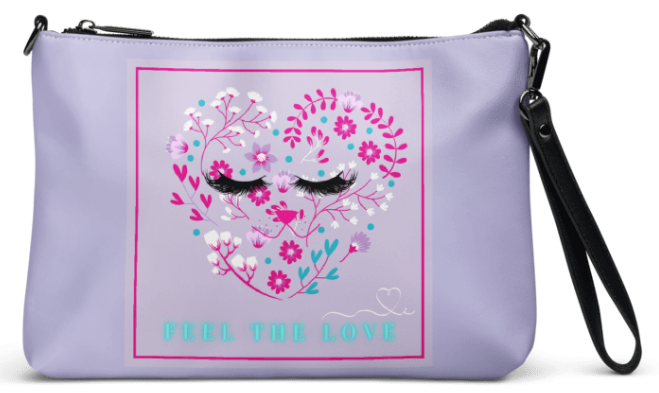 Feel the Love Wristlet - Wearable Art Wristlet for Women - Bold Lavender Floral Heart and Lash Print Wristlet Bag