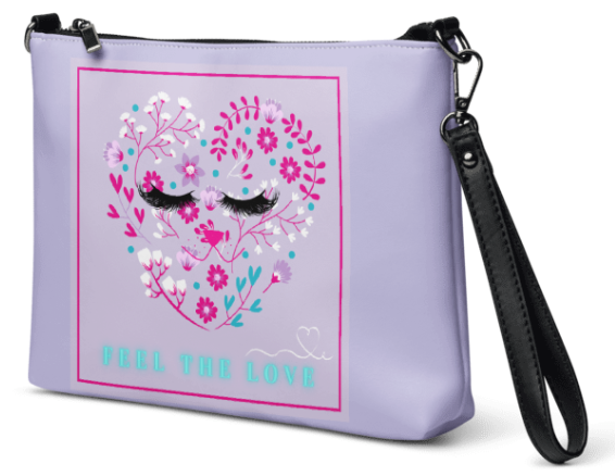 Feel the Love Wristlet - Wearable Art Wristlet for Women - Bold Lavender Floral Heart and Lash Print Wristlet Bag