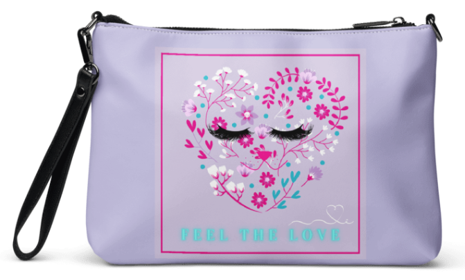 Feel the Love Wristlet - Wearable Art Wristlet for Women - Bold Lavender Floral Heart and Lash Print Wristlet Bag