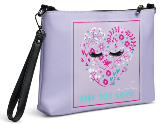 Feel the Love Wristlet - Wearable Art Wristlet for Women - Bold Lavender Floral Heart and Lash Print Wristlet Bag
