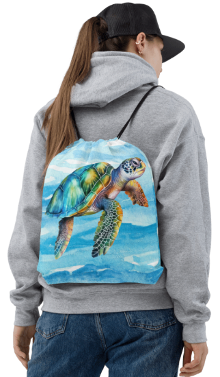Unhurried and Free to Glide Drawstring Bag - Wearable Art Bag for Women - Bold Watercolor Sea Turtle Ocean Print Drawstring Bag
