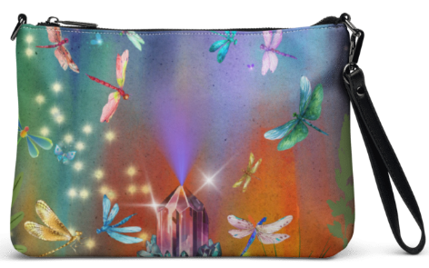 Dragonfly Forest Crossbody Shoulder/Wristlet Clutch Bag — Bold Magical Crystal and Dragonfly Art Bag in Rainbow Teal Purple and Gold for Women Who Are Drawn to Beauty Magic and the Light Within