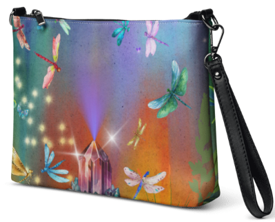 Dragonfly Forest Crossbody Shoulder/Wristlet Clutch Bag — Bold Magical Crystal and Dragonfly Art Bag in Rainbow Teal Purple and Gold for Women Who Are Drawn to Beauty Magic and the Light Within