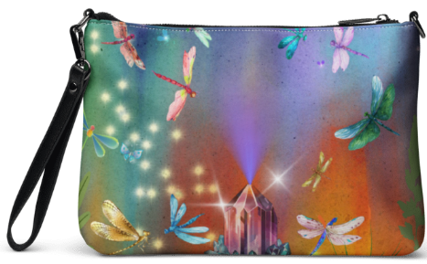 Dragonfly Forest Crossbody Shoulder/Wristlet Clutch Bag — Bold Magical Crystal and Dragonfly Art Bag in Rainbow Teal Purple and Gold for Women Who Are Drawn to Beauty Magic and the Light Within