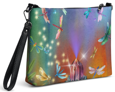 Dragonfly Forest Crossbody Shoulder/Wristlet Clutch Bag — Bold Magical Crystal and Dragonfly Art Bag in Rainbow Teal Purple and Gold for Women Who Are Drawn to Beauty Magic and the Light Within