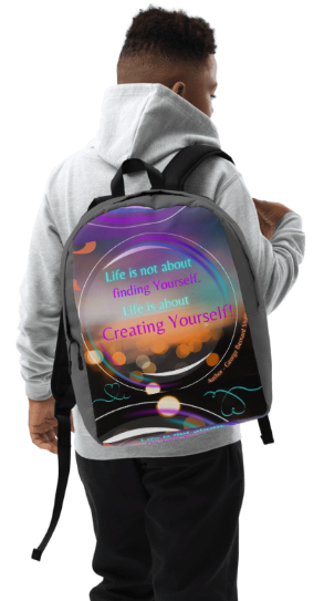 Life is Not About Finding Yourself Backpack — Bold Bokeh Light and Swirl Art Bag in Purple Teal and Gold for Women Who Have Stopped Searching and Started Creating Who They Are