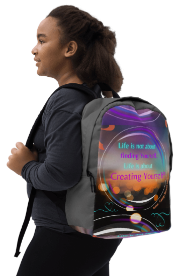 Life is Not About Finding Yourself Backpack — Bold Bokeh Light and Swirl Art Bag in Purple Teal and Gold for Women Who Have Stopped Searching and Started Creating Who They Are